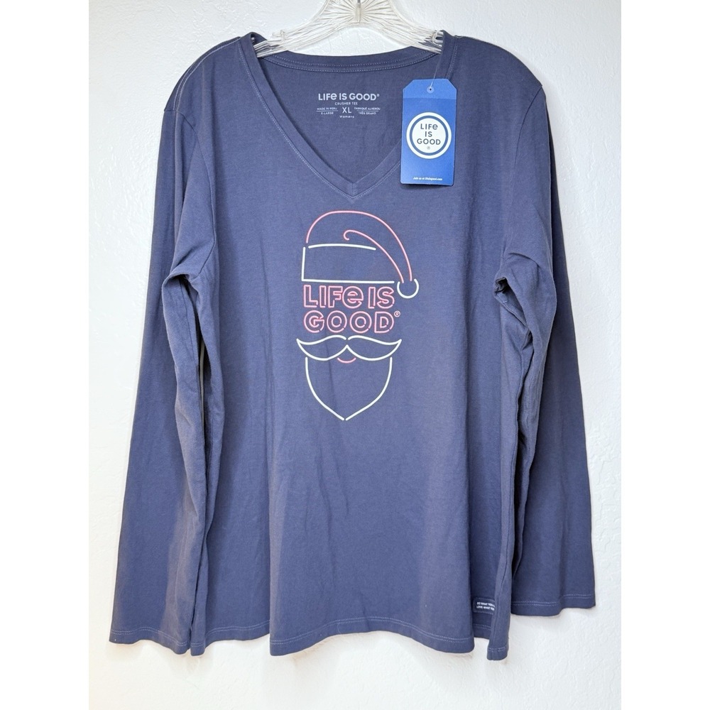Life is Good Santa Shirt Size XL Blue Cotton Long Sleeve Mom‎ Festive Comfy New